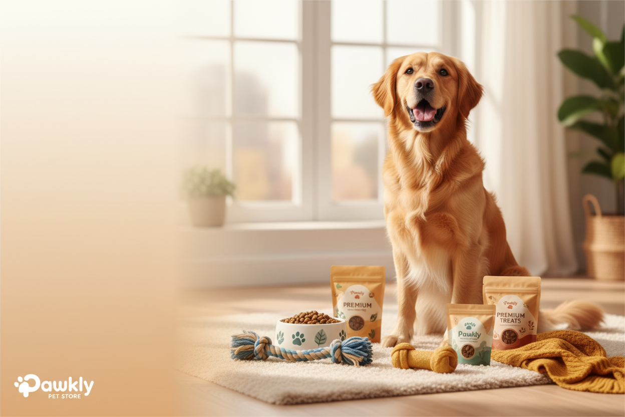 Happy dog with premium Pawkly pet products and toys