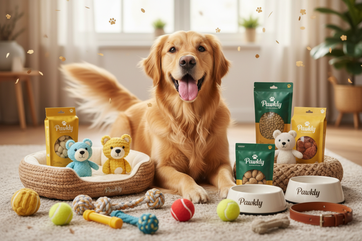 Dog sitting on a rug with various dog toys and treats around it.
